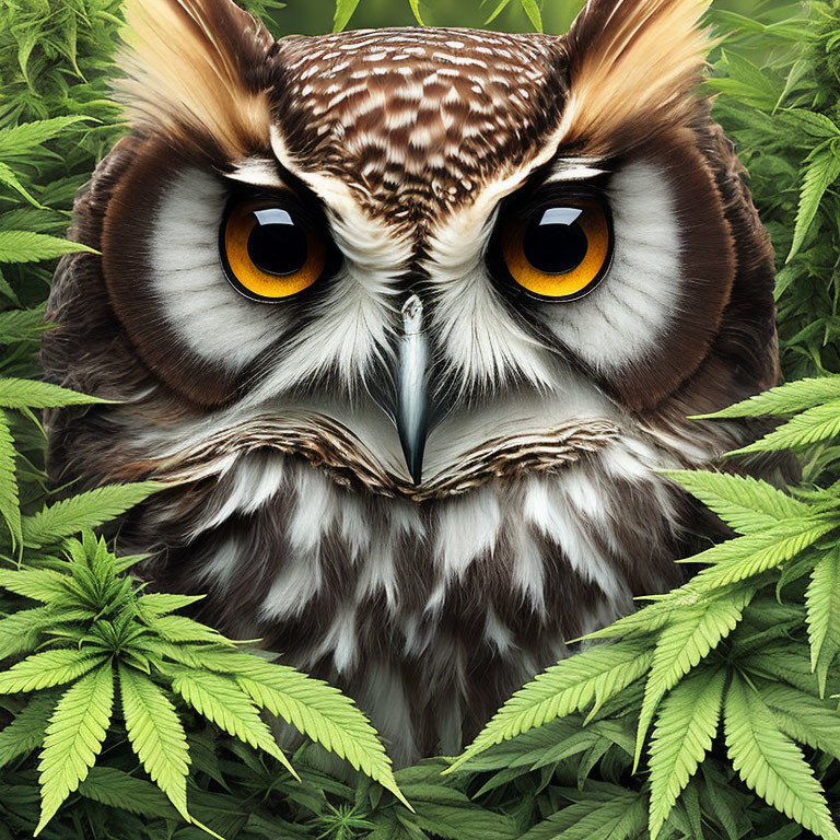 Striking orange-eyed owl among green cannabis leaves