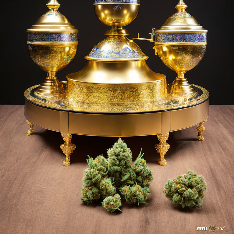 Golden containers with intricate designs on circular tray beside cannabis buds on wooden surface against black background.