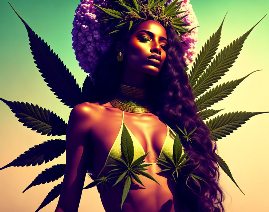 Stylized portrait of woman with purple flower headdress and cannabis leaves.