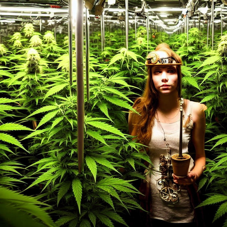 Woman with headlamp in indoor cannabis garden surrounded by lush green plants.