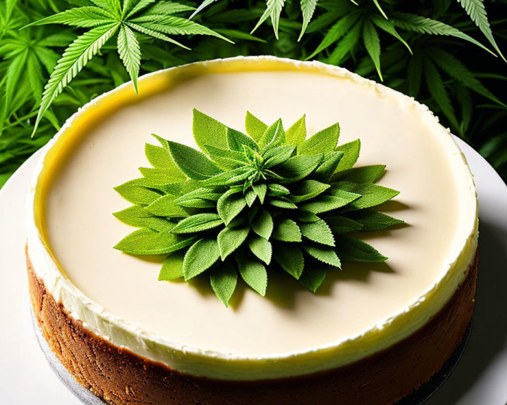 Cannabis Leaf Cheesecake with Plant Background
