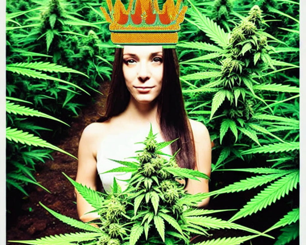 Illustration of woman with crown in cannabis field holding large bud
