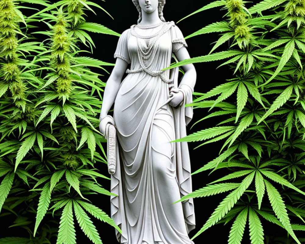 Classical statue of robed woman juxtaposed with green cannabis leaves