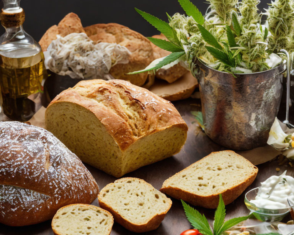 Assorted bread loaves, hemp plants, oil, and seeds on wooden table