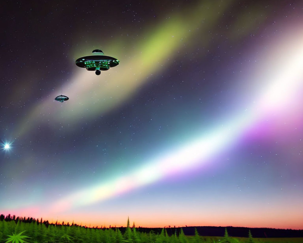 Vivid aurora borealis with UFOs in night sky