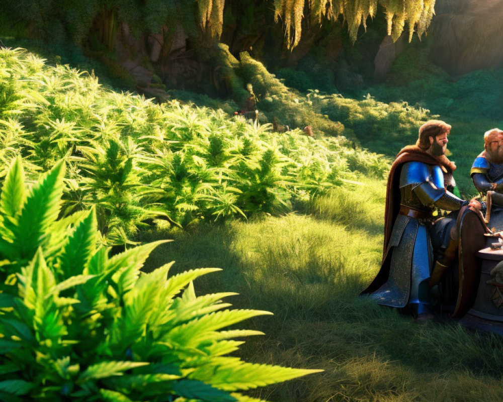 Medieval knight-themed animated characters in a sunlit forest conversation