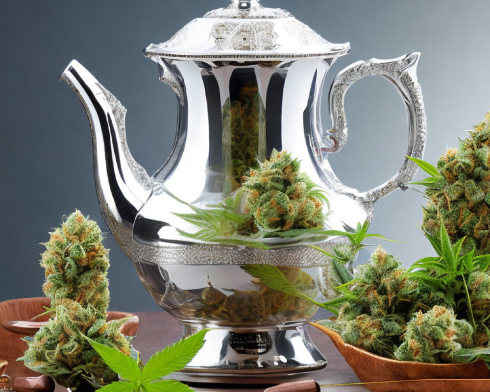Silver Teapot with Cannabis Buds and Leaves on Grey Background