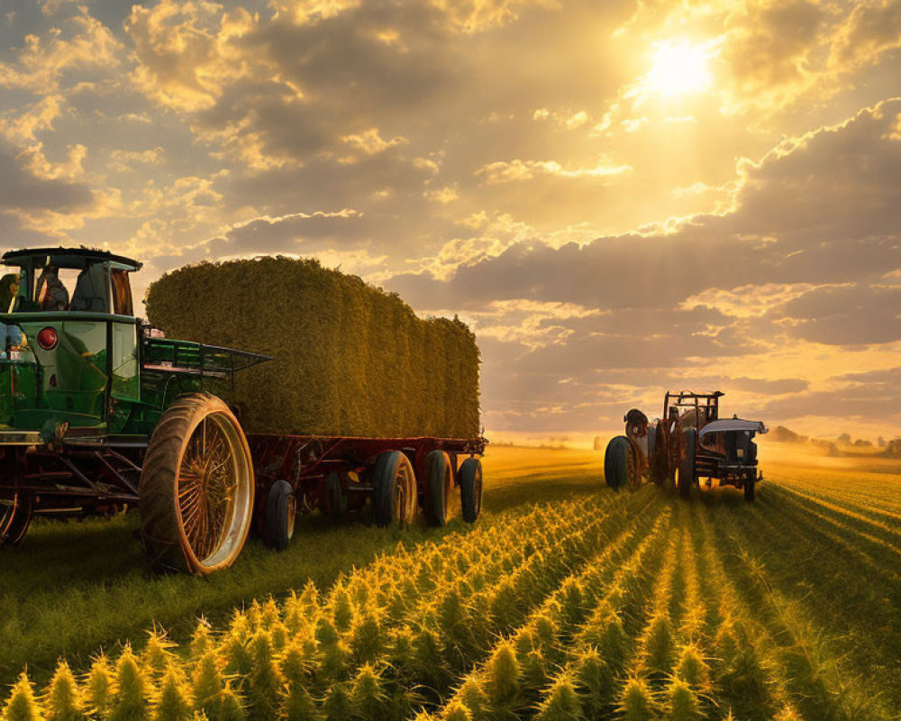 Tractor pulling hay bales trailer in farm field with crops under dramatic sky