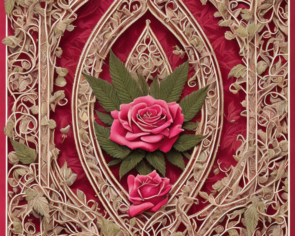 Golden Embroidery on Red Backdrop with Leafy and Rose Patterns