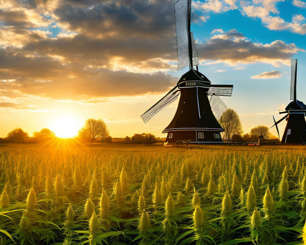 Scenic Dutch windmills at sunset in lush green field