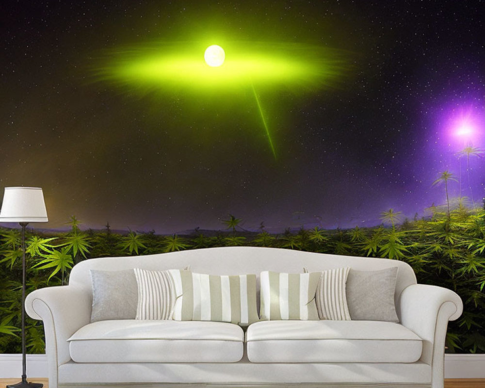 White Sofa with Cushions Against Starry Sky Mural