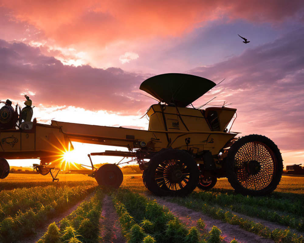 Vibrant sunset scene of agricultural machinery in field