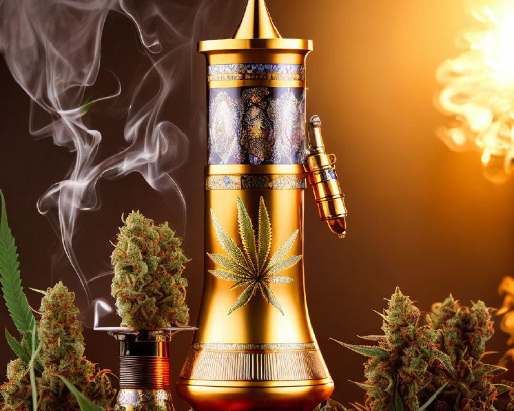 Golden cannabis-themed vaporizer with smoke and grinder on dark background