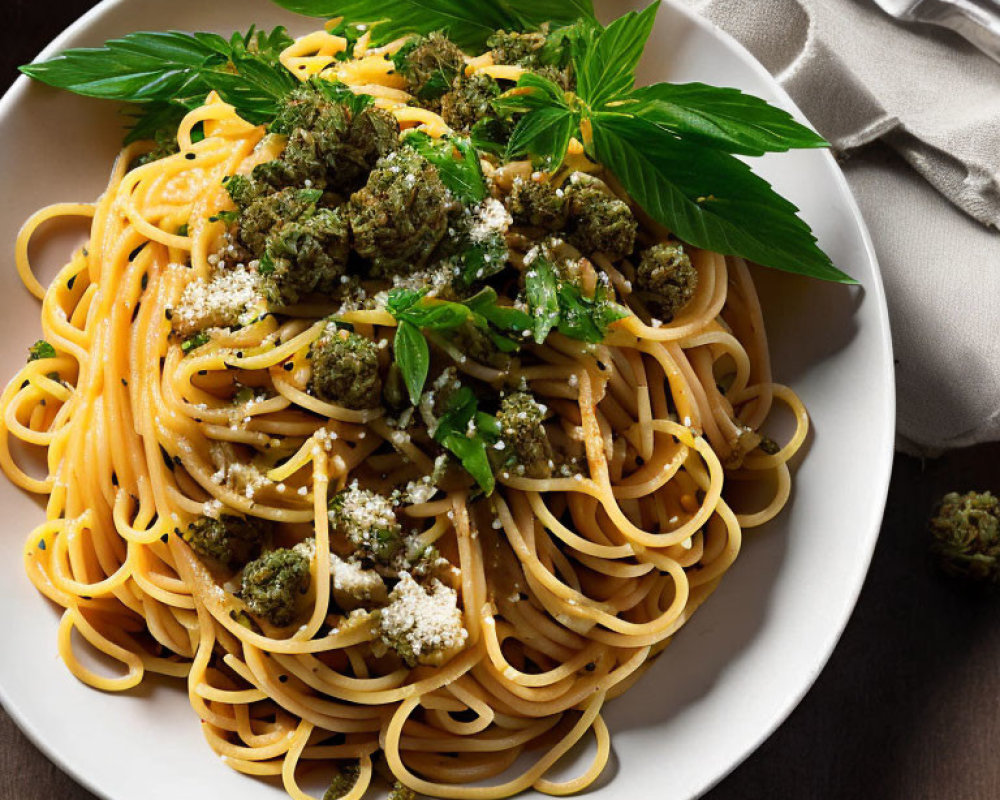 Plate of spaghetti with green pesto, basil leaves, and cheese on dark wooden table