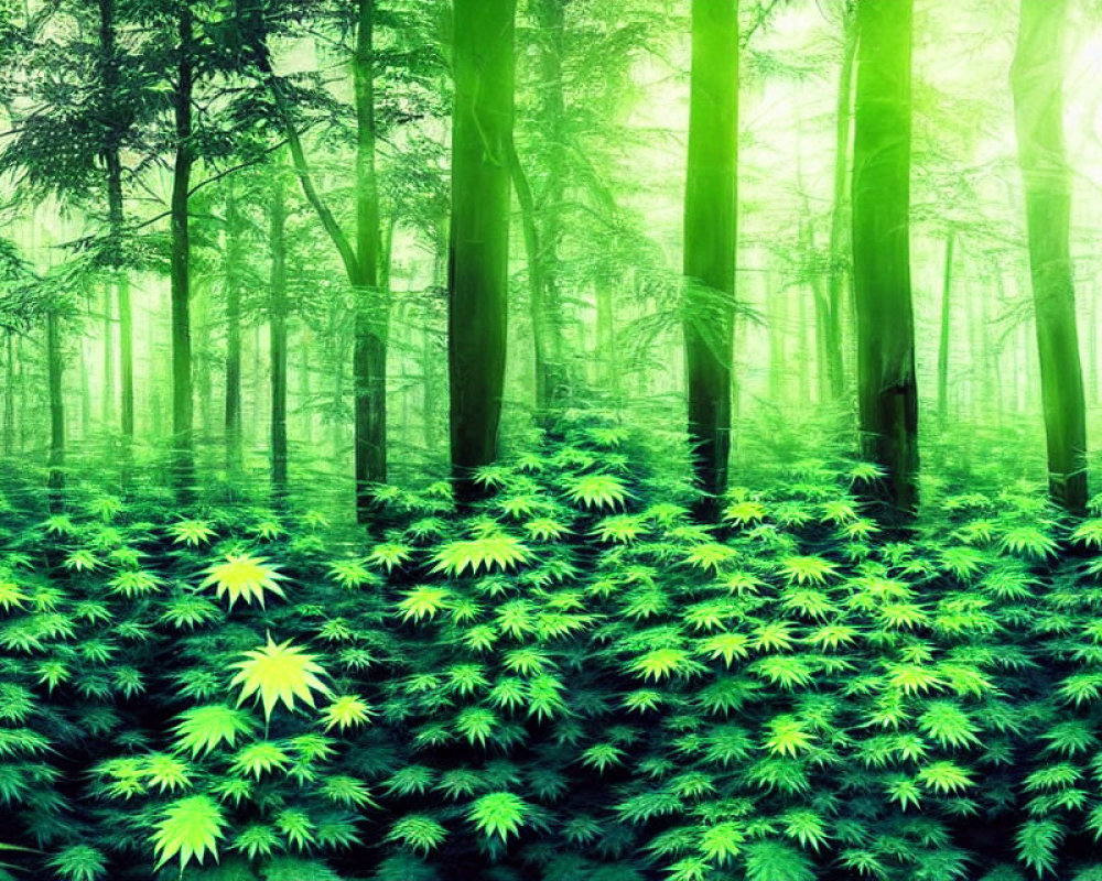 Vibrant green forest with sunbeams and yellow flowers