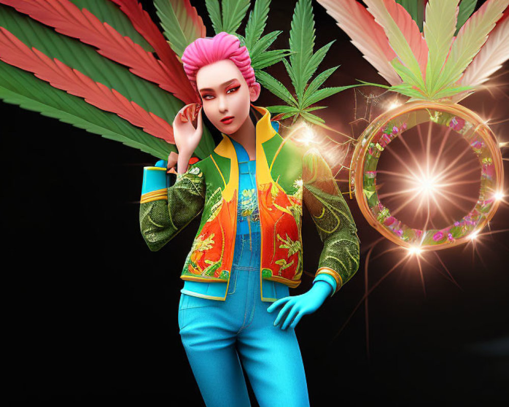 Colorful Outfit Pink-Haired Female Character with Cannabis Leaf and Glowing Circle