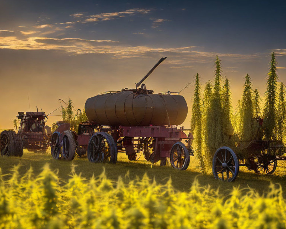 Tractor pulling tank in fields at dusk