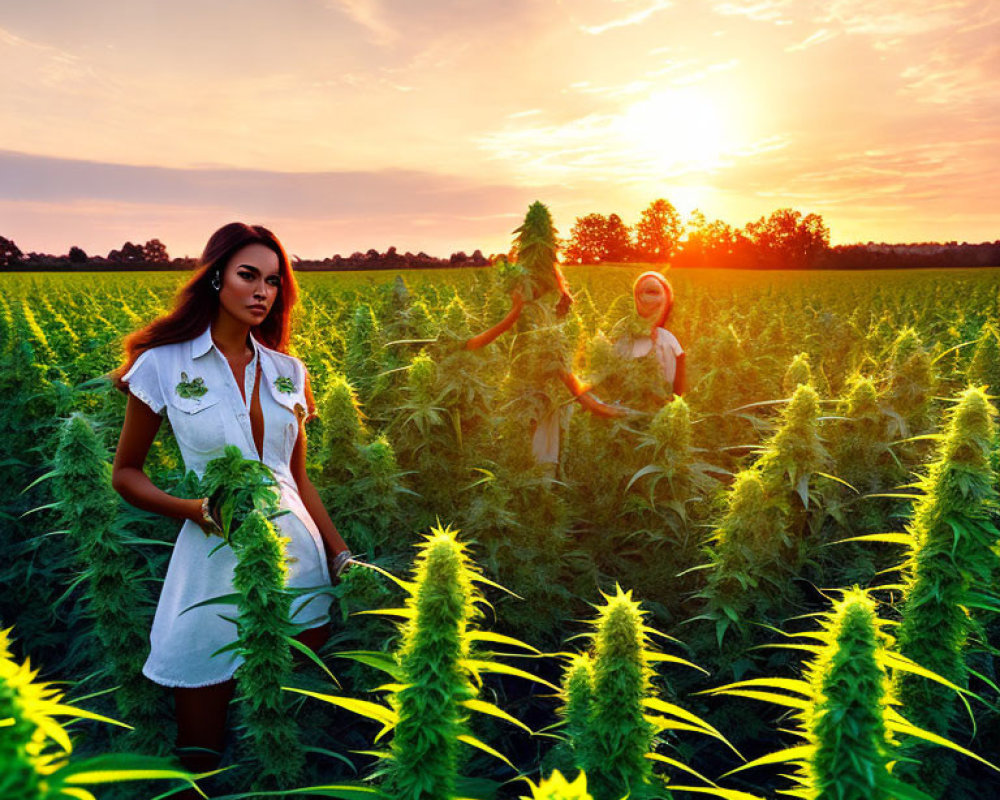 Two women in green plants field at sunset