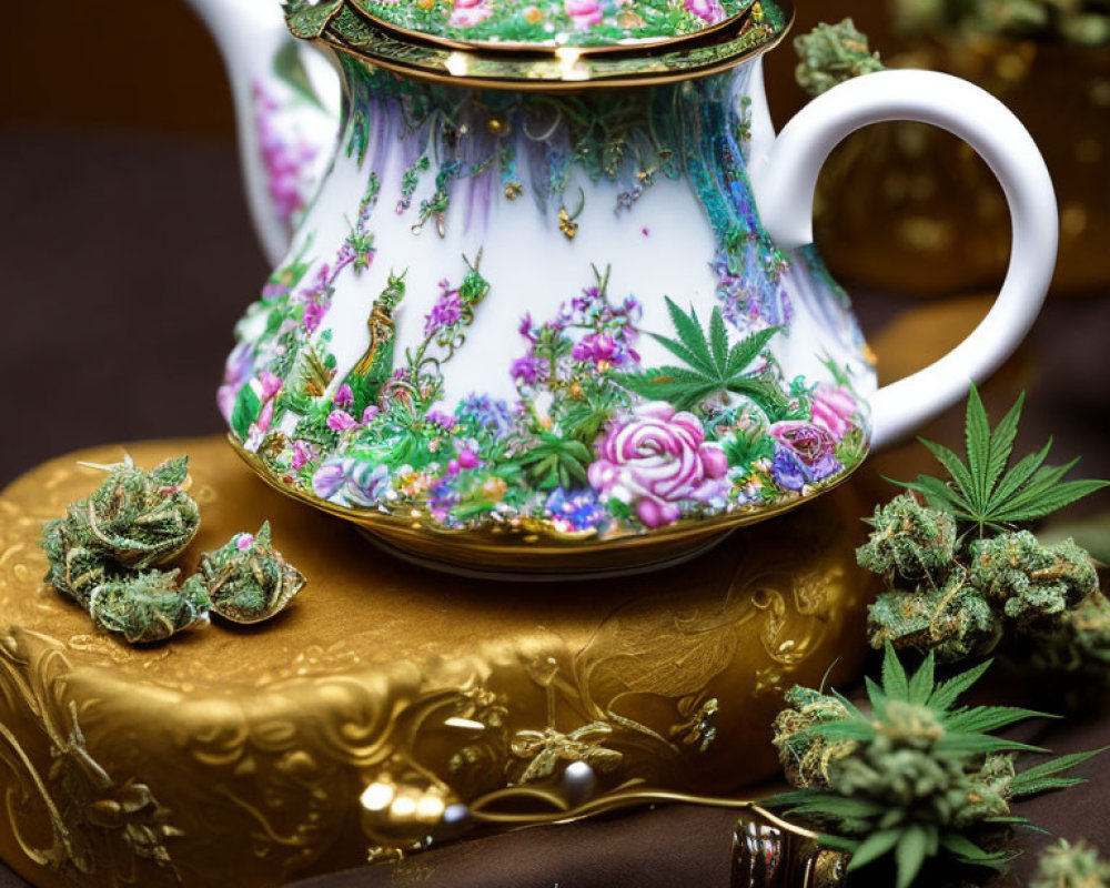 Floral Patterned Teapot with Cannabis Leaves on Golden Cloth