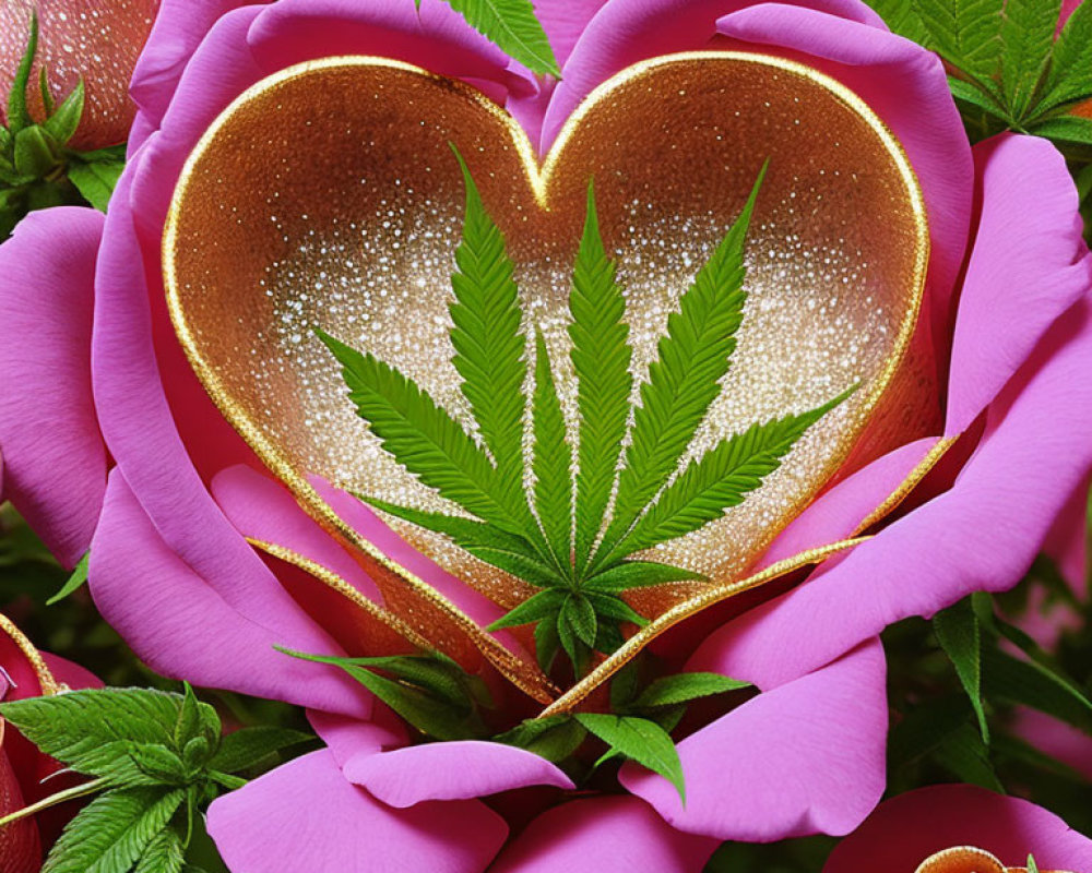 Colorful floral arrangement with pink roses, golden heart, and green cannabis leaf on foliage.