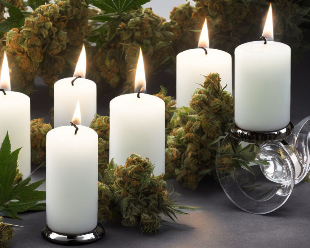 Cannabis buds and candles on reflective surface with marijuana leaf in background.