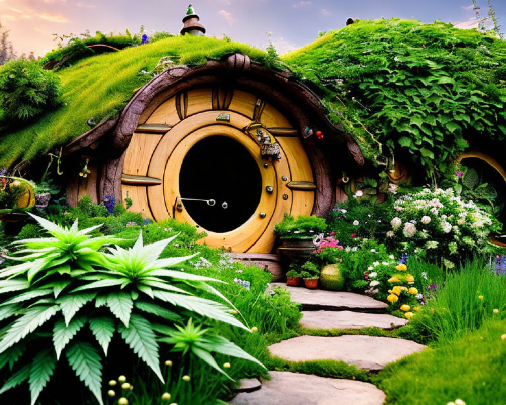 Quaint hobbit-style house in lush garden under hill