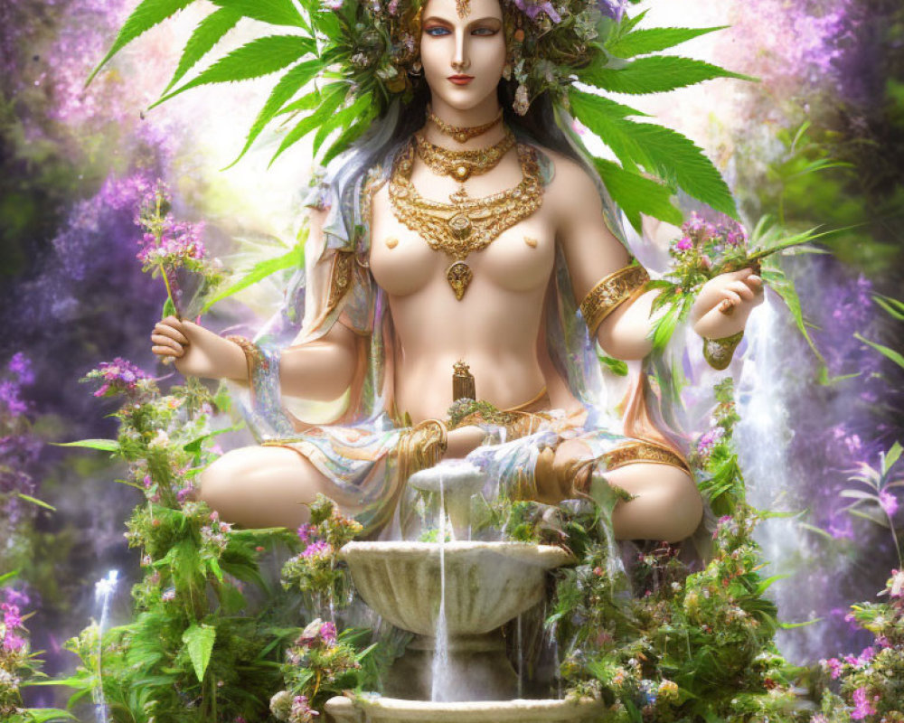 Fantastical multi-armed female figure with cannabis crown in lush fountain setting