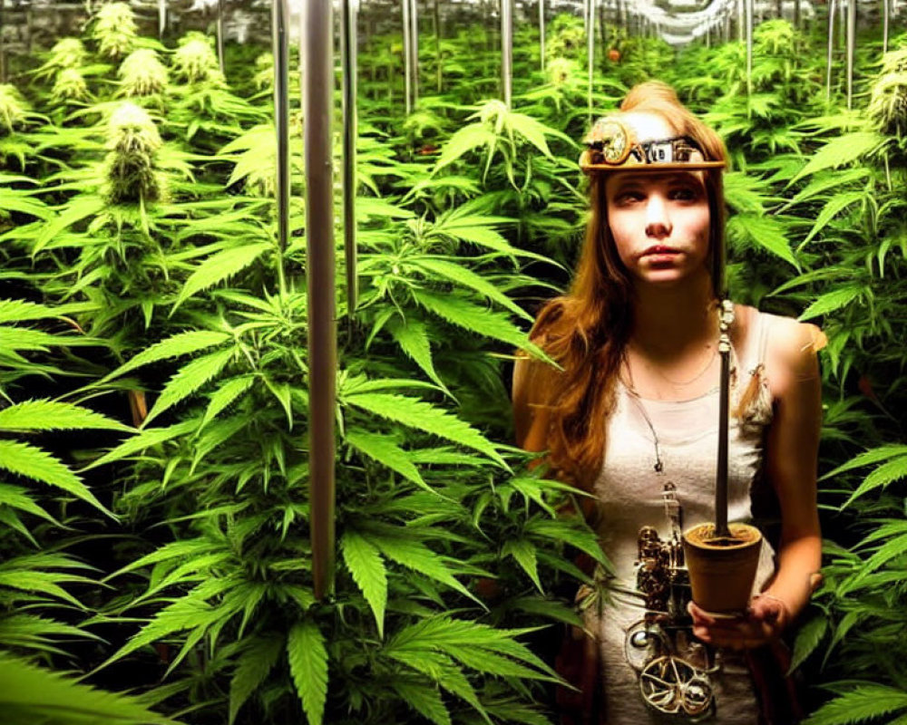 Woman with headlamp in indoor cannabis garden surrounded by lush green plants.