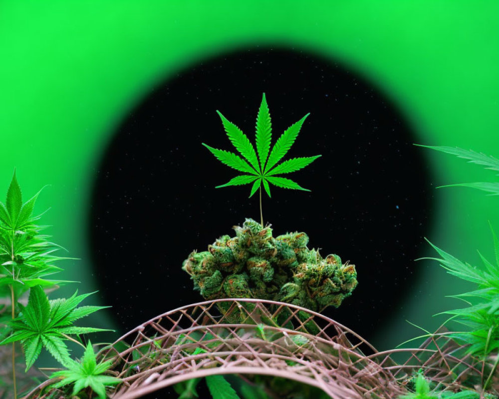 Circular Black Background with Cannabis Leaf Silhouette and Buds Basket