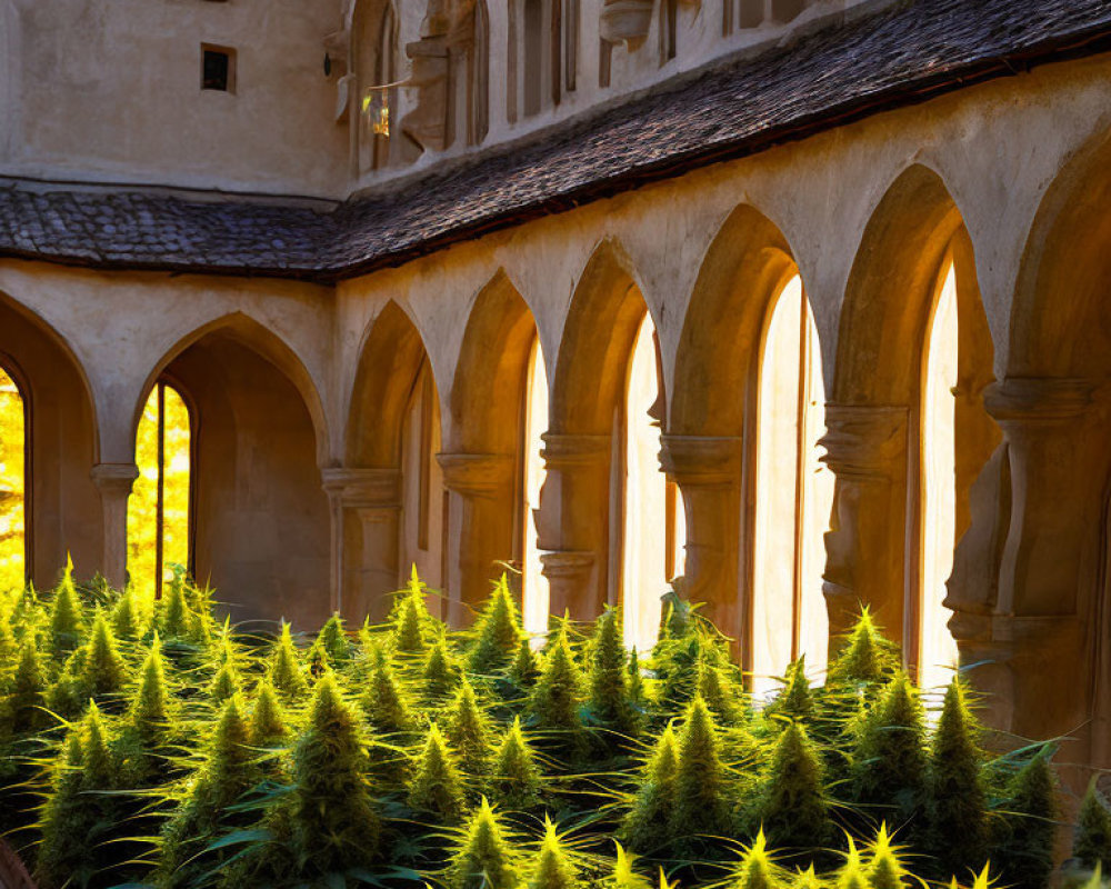 Sunlight filtering through arches onto lush green shrubs in courtyard