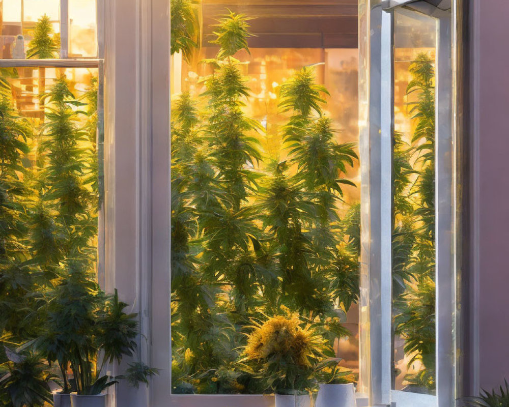 Sunlit Room with Tall Cannabis Plants at Golden Hour