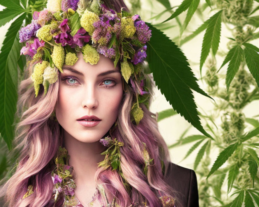 Blue-eyed woman with pink wavy hair and floral crown on cannabis leaf background