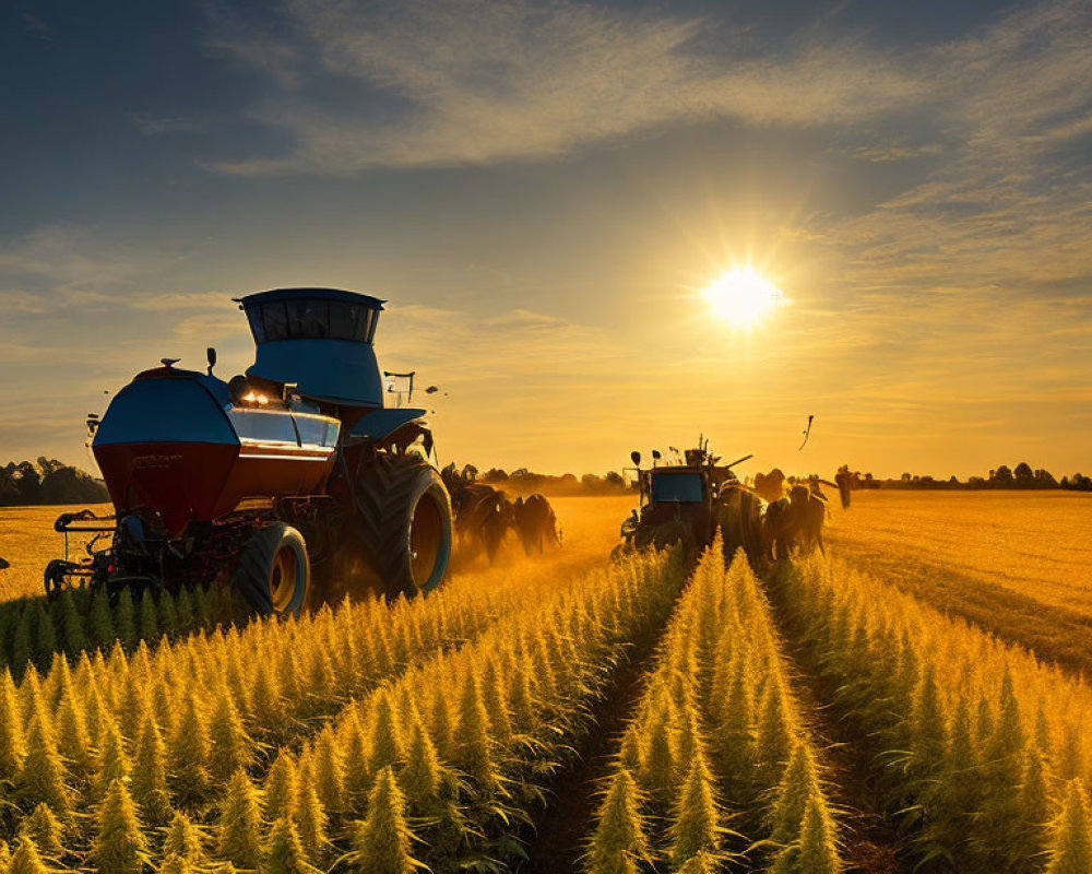 Golden field sunrise: Tractor in action under clear blue sky