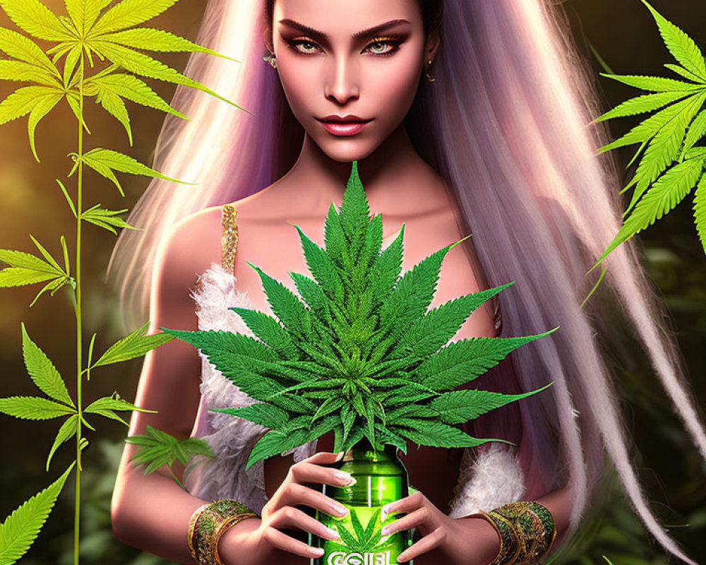 Digital art: Woman with pastel hair, bold makeup, and cannabis leaf.