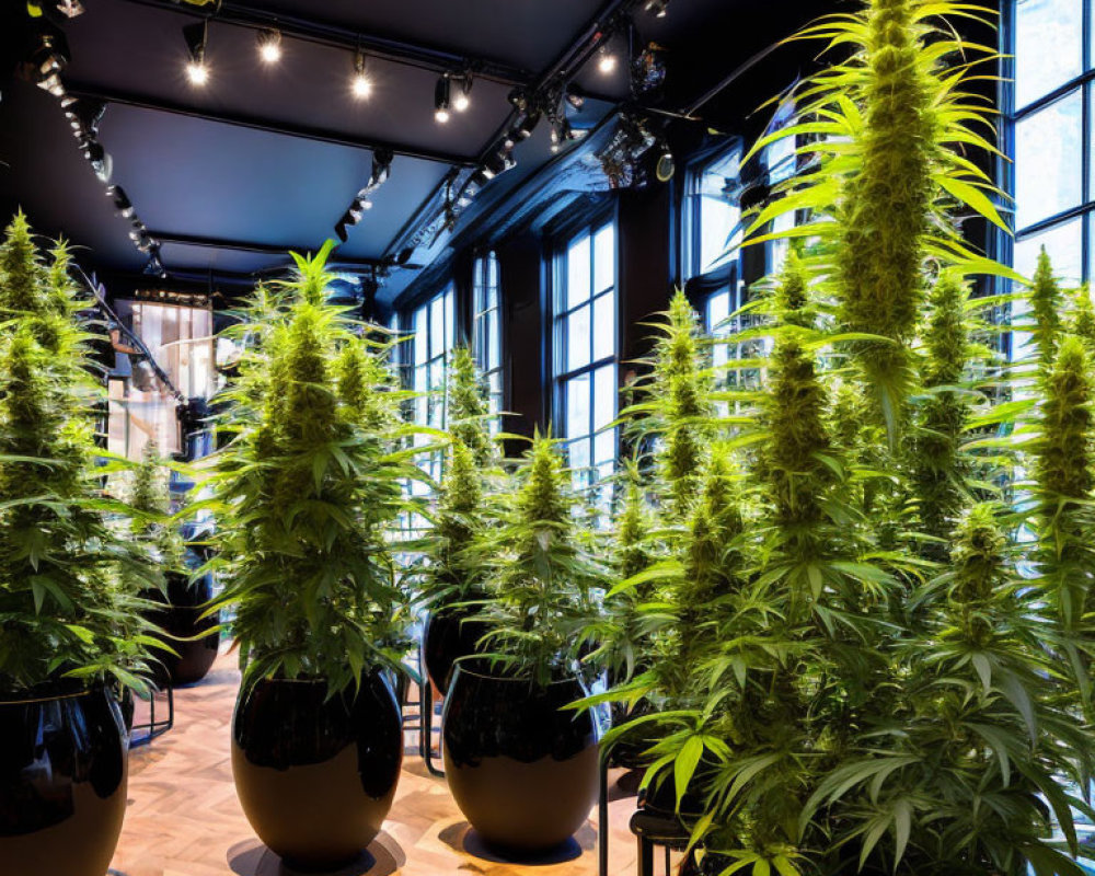 Modern indoor cannabis grow room with large plants, black pots, and sophisticated lighting
