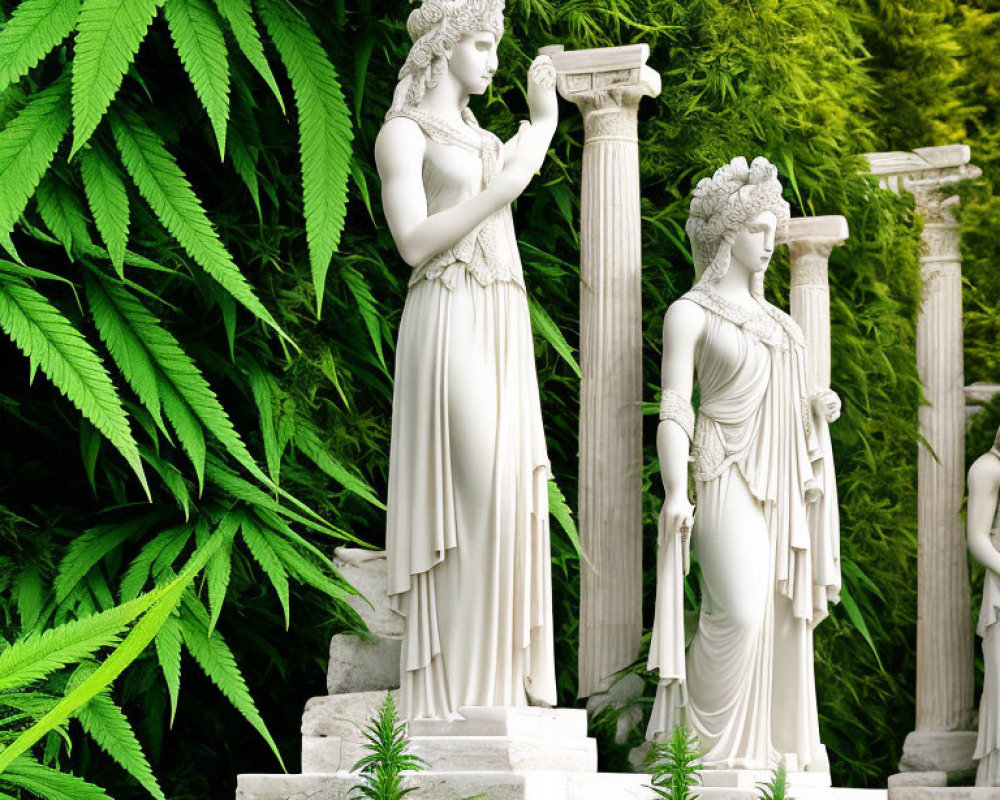 Classical statues of robed women in garden setting with columns and lush greenery.