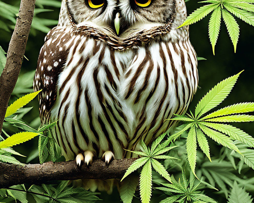 Barred owl with brown and white striped plumage perched on branch