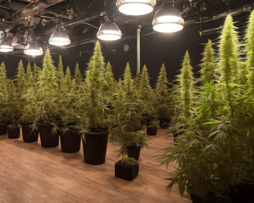 Indoor Cannabis Grow Operation with Potted Plants and Artificial Lighting