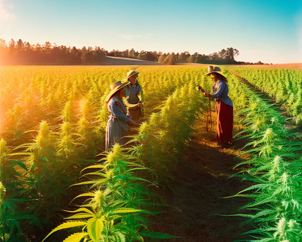 Two individuals in farm attire examining crops in a vibrant field.