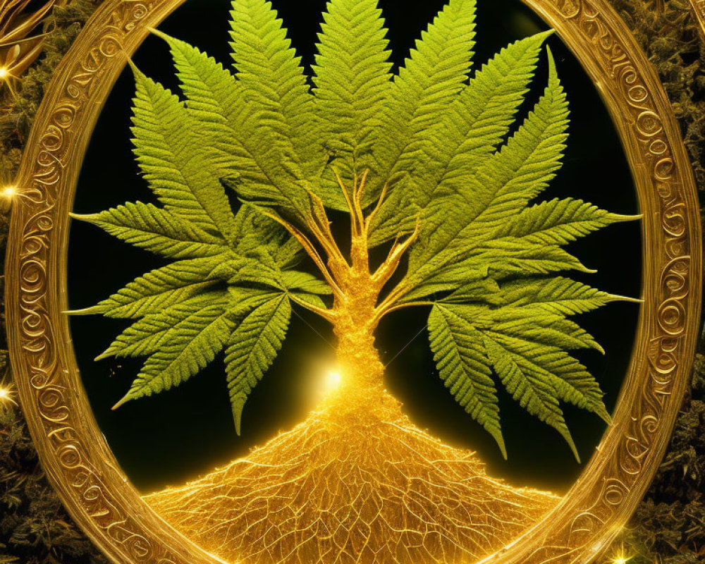 Stylized tree with green leaves and golden roots in circular frame
