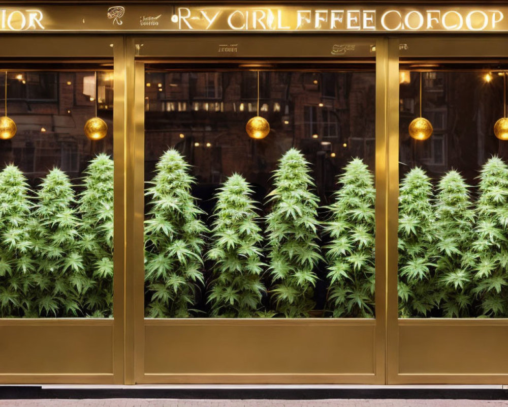 Coffee Shop Storefront with Cannabis Plants and Golden Decor