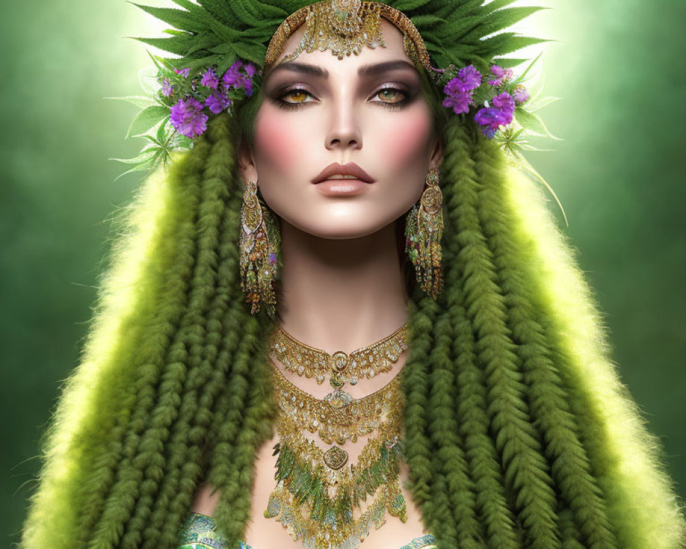 Woman with Textured Green Hair Styled as Headdress with Leaves and Purple Flowers