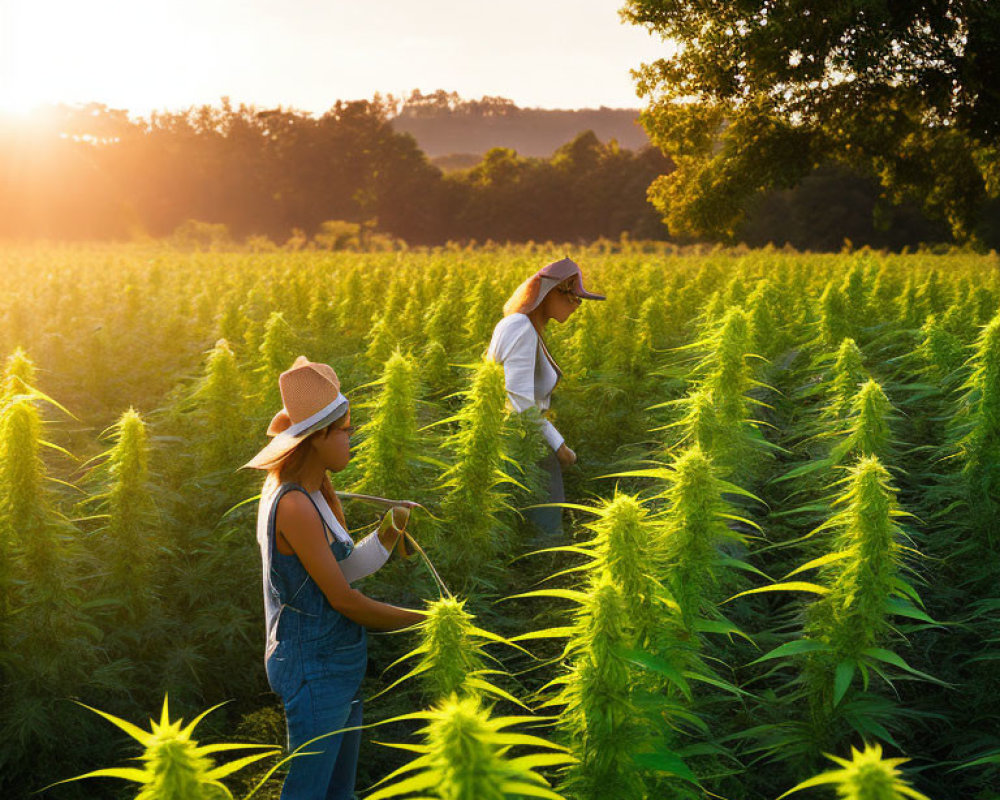 Individuals tending to cannabis farm at sunset with warm sunlight.
