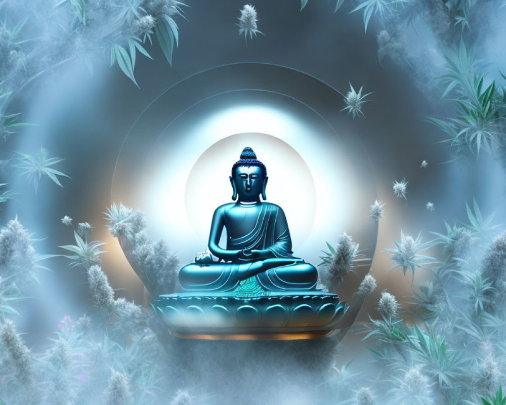 Illuminated Buddha statue in meditation with halo, blue foliage, misty background