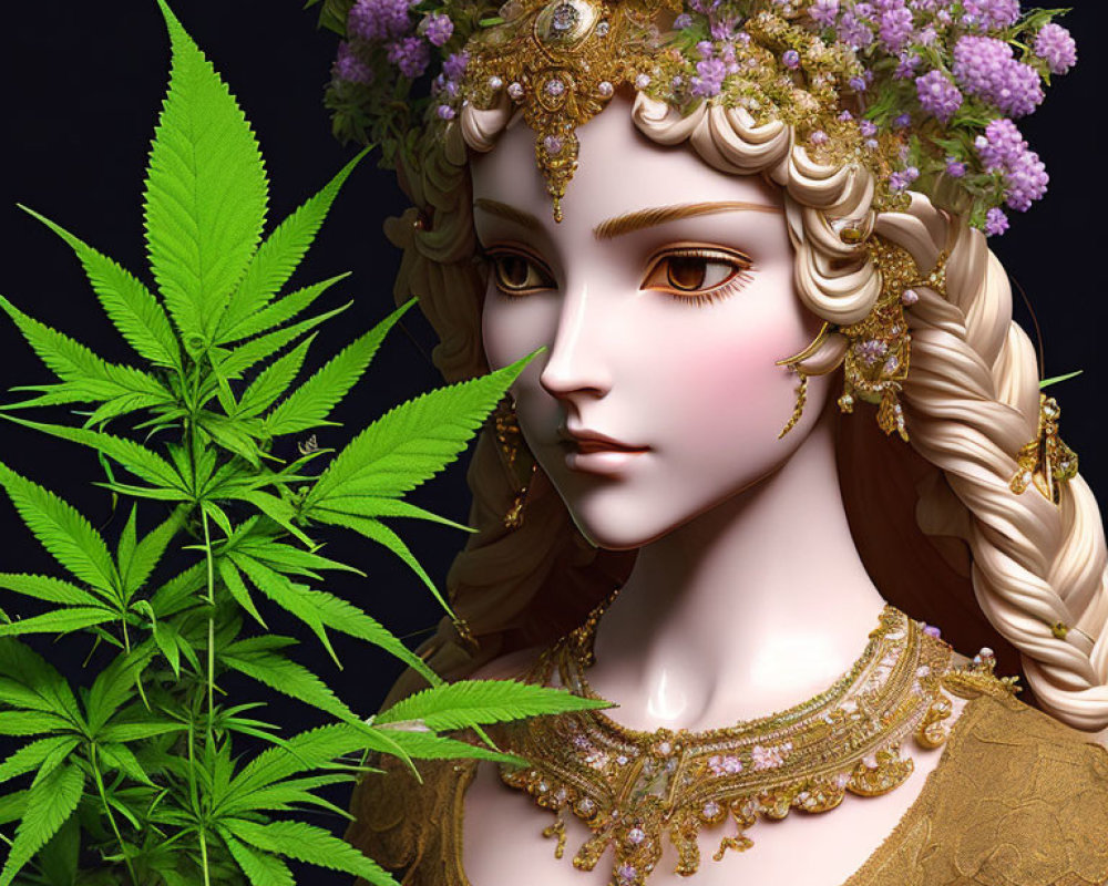 Digital art portrait featuring woman with golden hair accessories, purple flowers, and gold necklace beside cannabis leaf