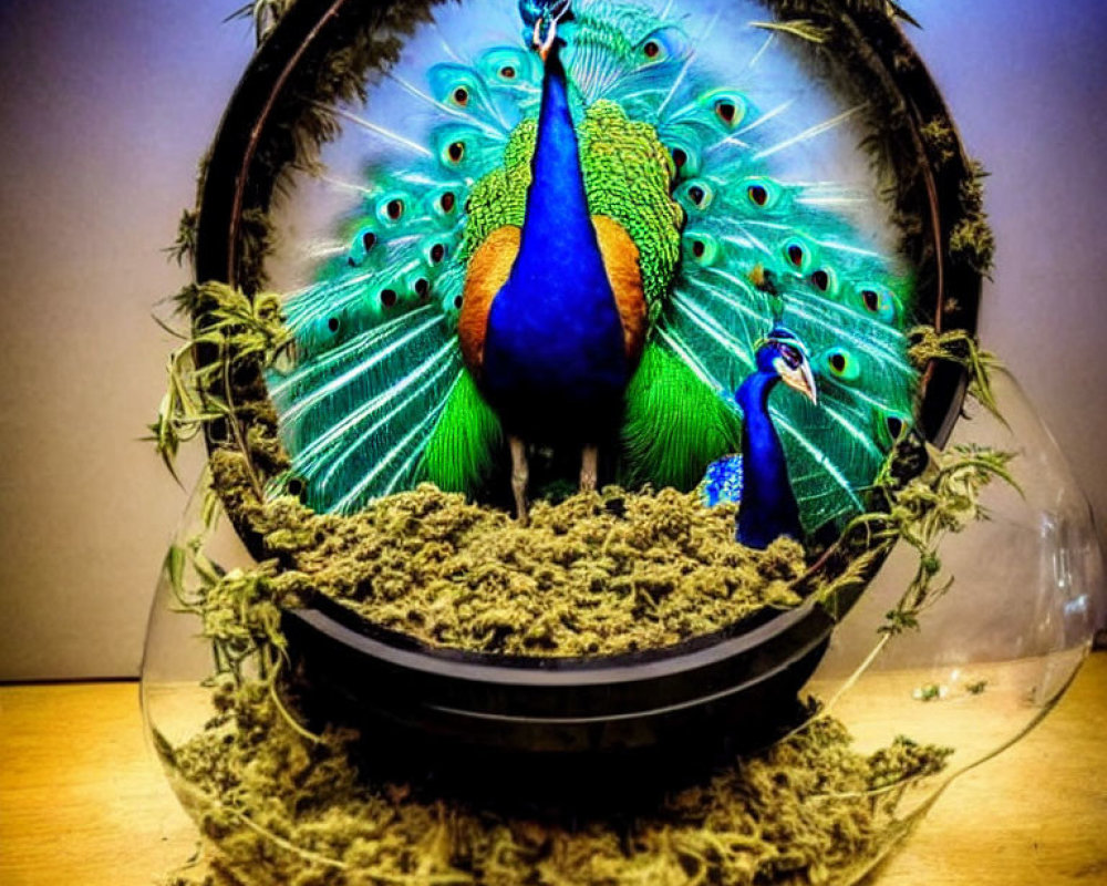 Colorful peacock display in glass case with warm lighting and miniature figure