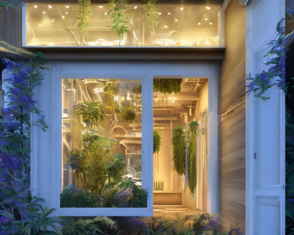 Interior garden with warm lighting and hanging plants at dusk
