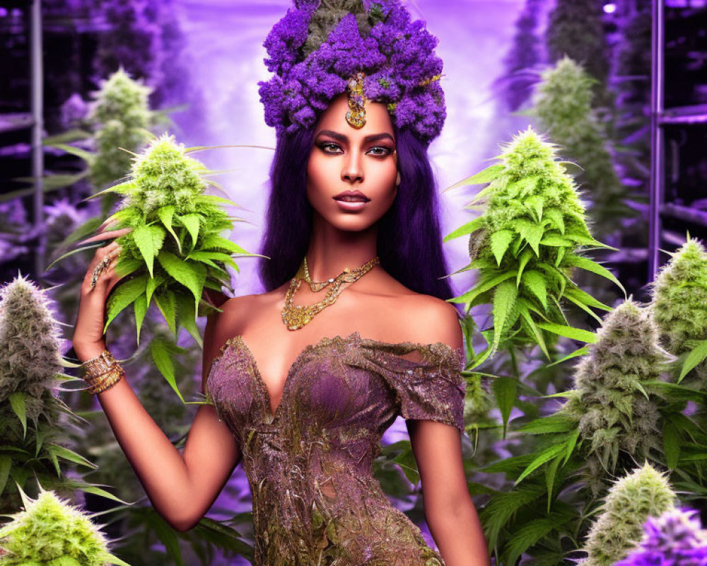 Woman in purple floral headpiece among cannabis plants under purple light wearing gold necklace and ornate dress