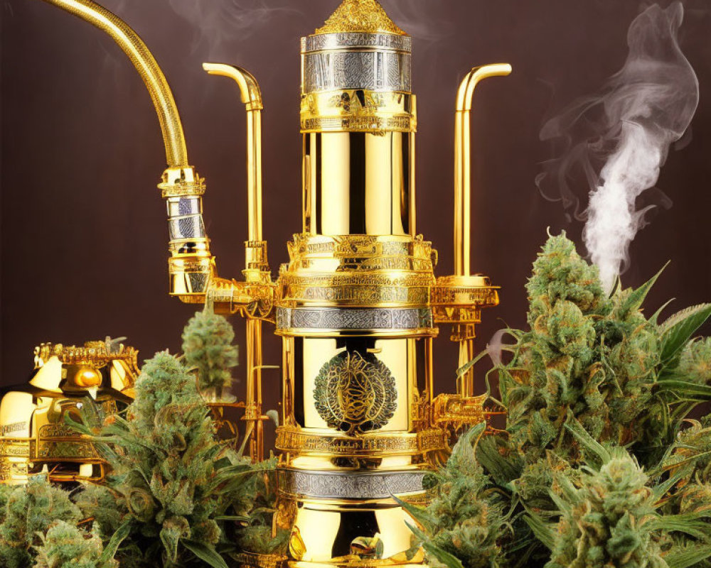 Gold Hookah Surrounded by Cannabis Buds on Dark Background