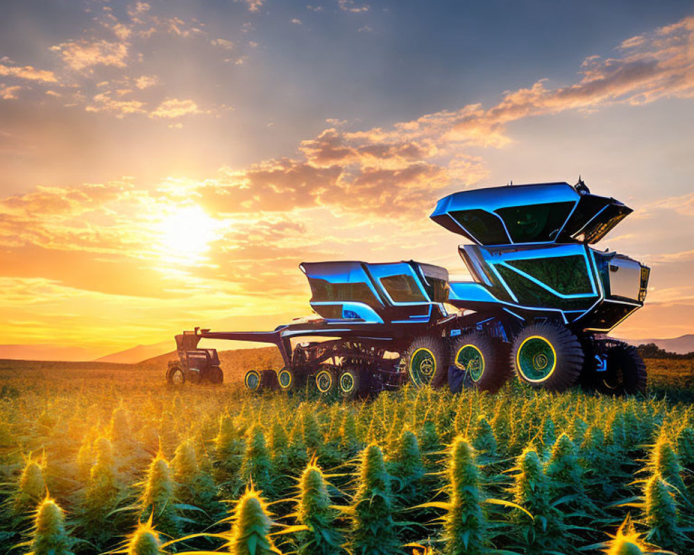Golden field sunset: Vibrant blue skies, warm sunlight, combine harvester working